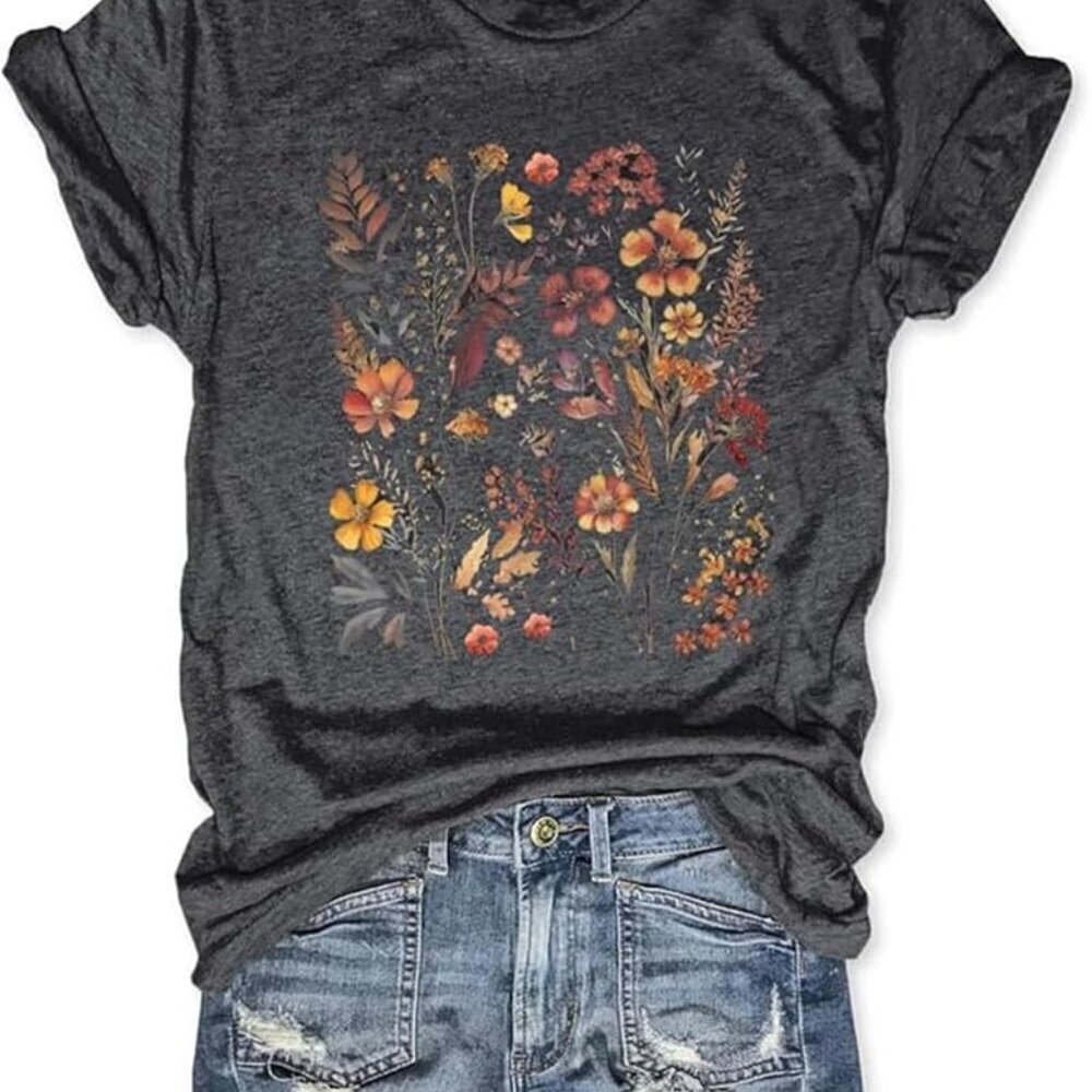 Boho Vintage Floral Graphic Tee Short Sleeve Cotton Casual Botanical Style